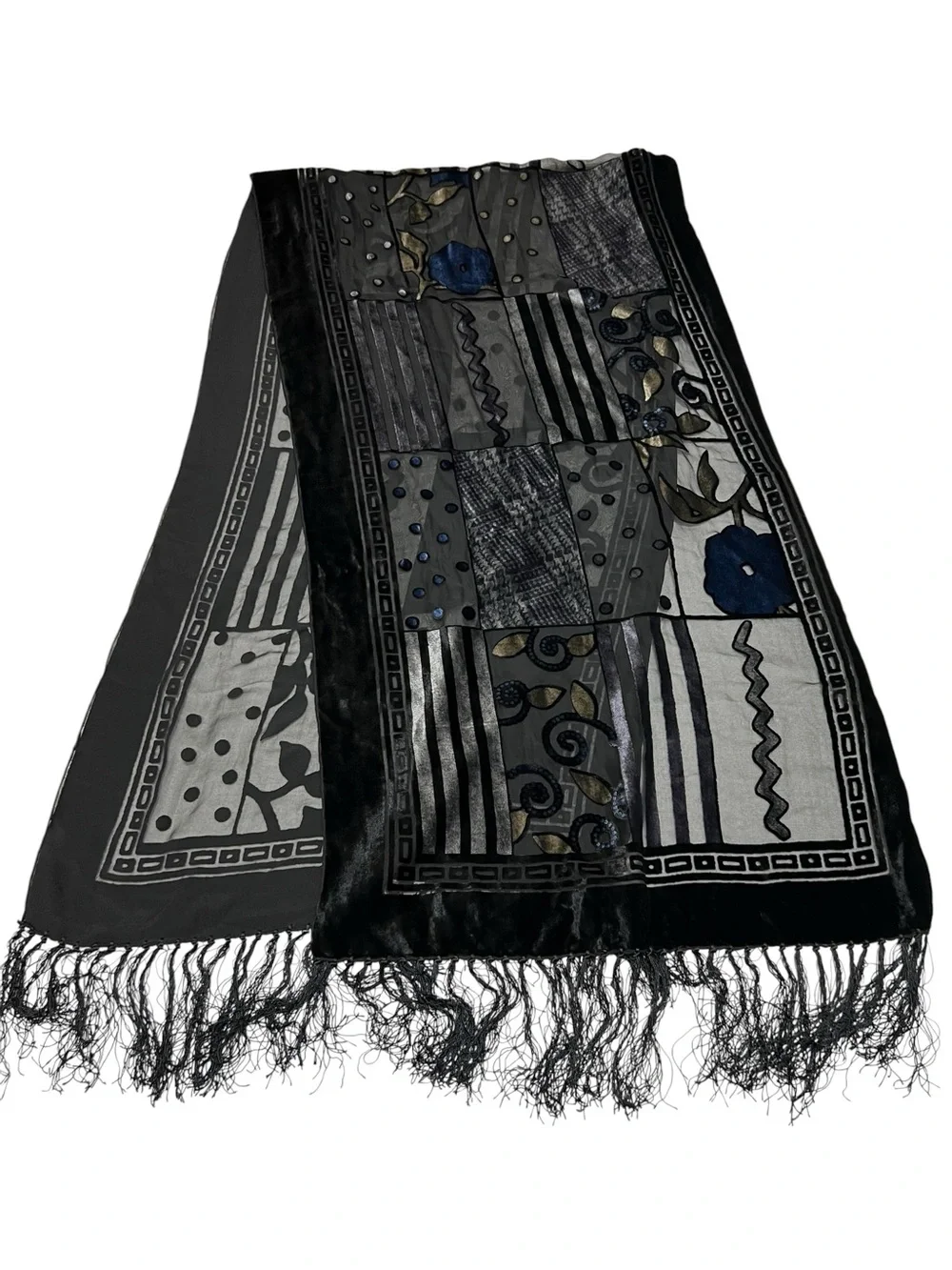 Silk/Rayon Black Burnout Velvet Patterned Fringe Detail Long Scarf Shawl